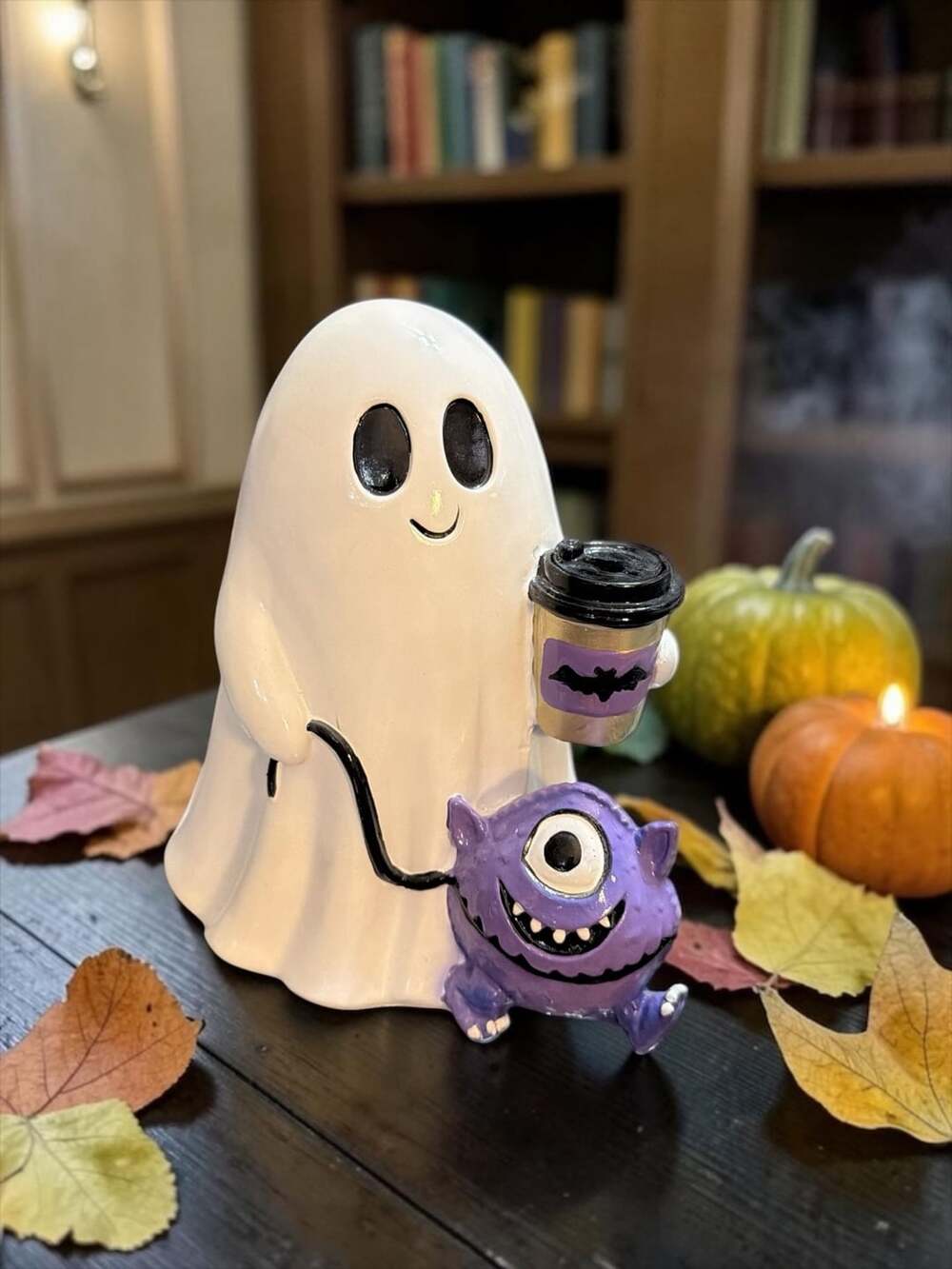Ceramic Halloween Ghost Walking a Purple Monster Holding Coffee Figurine